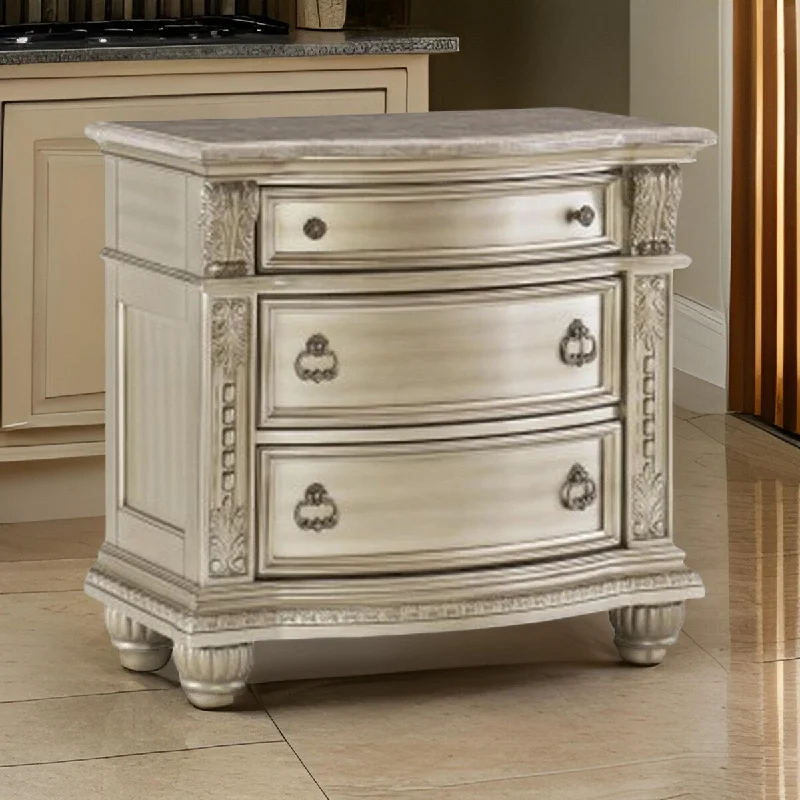 Caitlin 35 Inch 3 Drawer Nightstand with Marble Top, Leaf Carvings, Silver