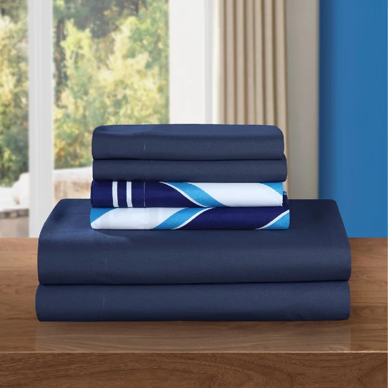 Chic Home Solid Navy with Asher Navy Print 6 Piece Sheet Set