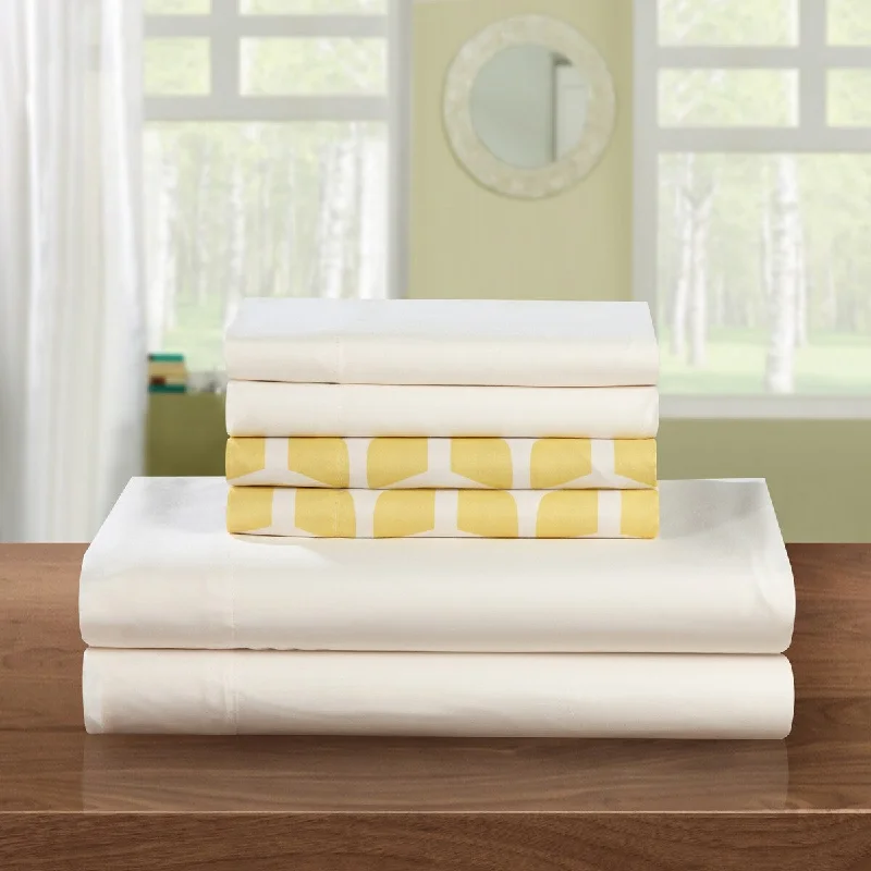 Chic Home Solid White with Davitt Yellow Print 6 Piece Sheet Set