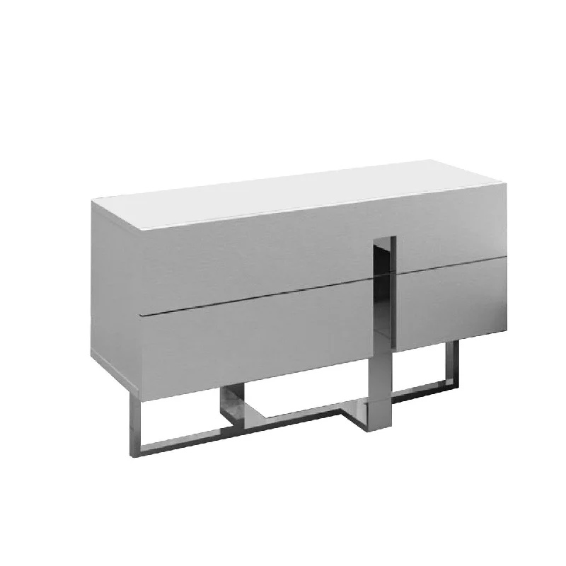 Cid 23 Inch Modern Nightstand, 2 Drawers, Sliding Door, White , Chrome