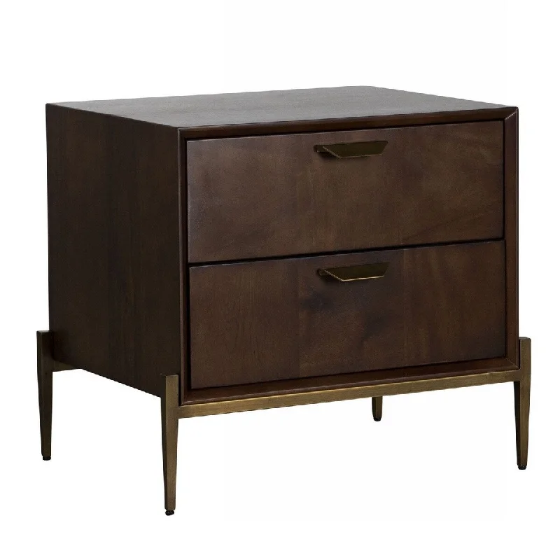 Cid Kew 24 Inch Wood Nightstand, Beveled Edges, Metal Spindle Legs, Brown