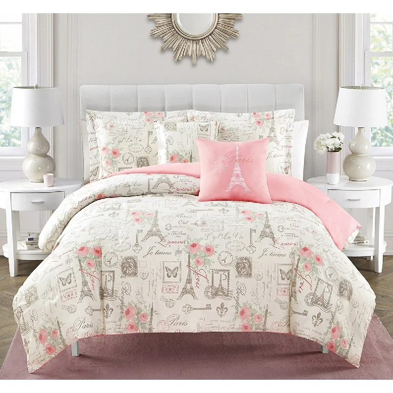 City of Romance Paris Themed Coral/Pink Ultra Soft Microfiber 5-Piece comforter Set