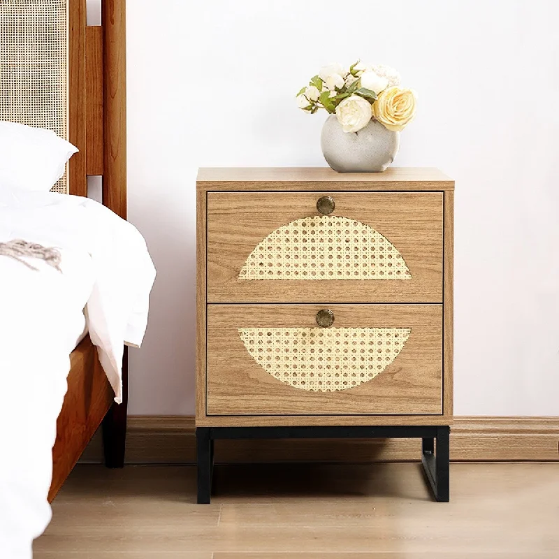 Contemporary And Versatile 2-Drawer Nightstand With Metal Base, Easy To Assemble, Wood Patterns, Stream-Lined Silhouette