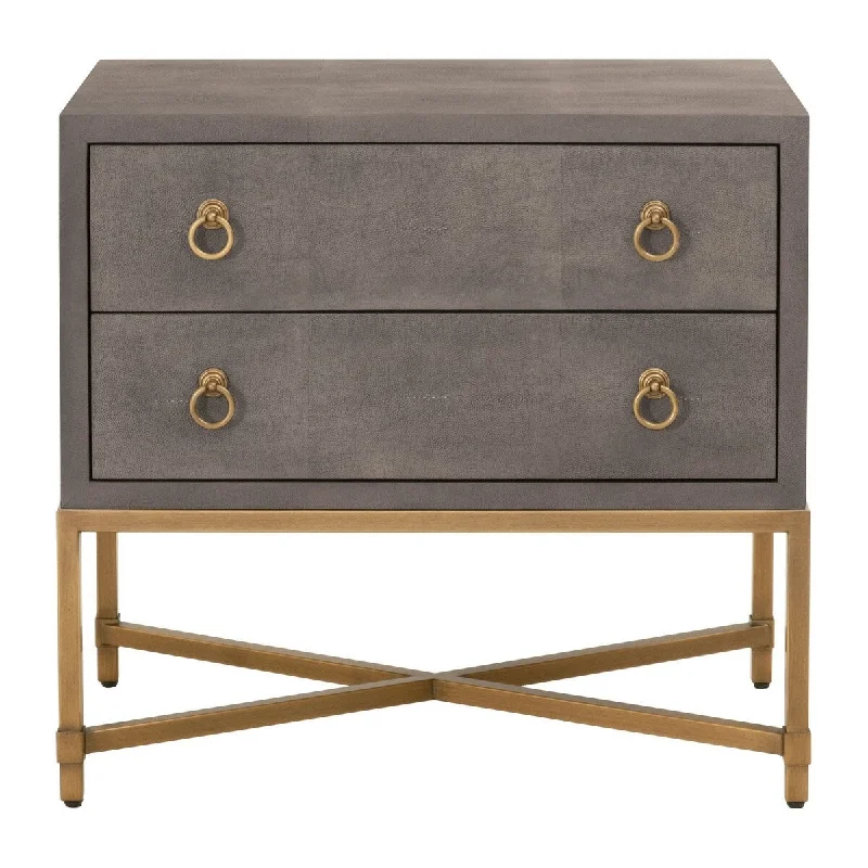 Dual Tone 2 Drawer Nightstand with Ring Pulls, Gray and Gold