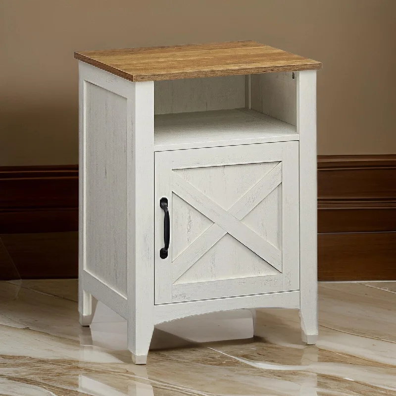 Eva 24 Inch Nightstand, 1 Barn Cabinet, Open Top Shelf, White and Brown