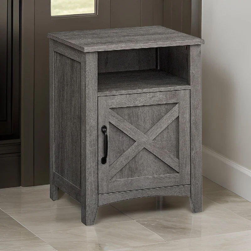 Eva 24 Inch Nightstand, 1 Barn Cabinet, Open Top Shelf, White and Gray