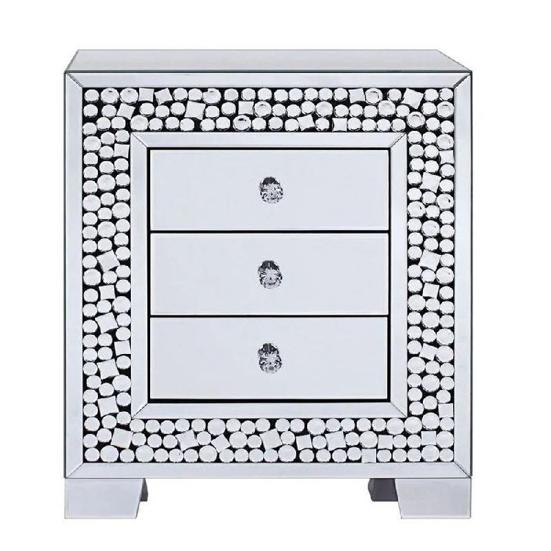 Faux Crystal Inlaid Wooden Nightstand with Three Spacious Drawers, Clear and Black