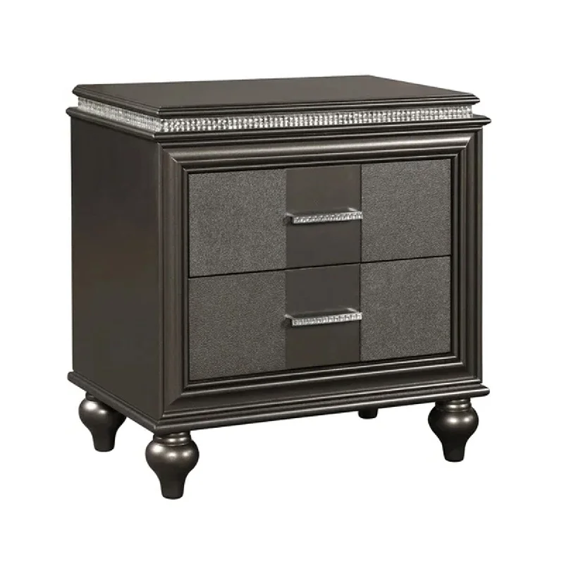 Fem 25 Inch 2 Drawer Nightstand, Diamond Accent Handles, Molded Trim, Gray