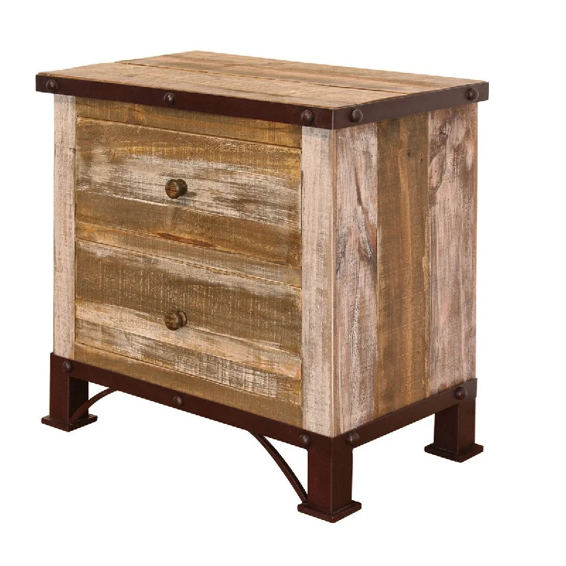 Fena 27 Inch 2 Drawer Nightstand, Microfiber Lined, Multicolor Rustic Wood