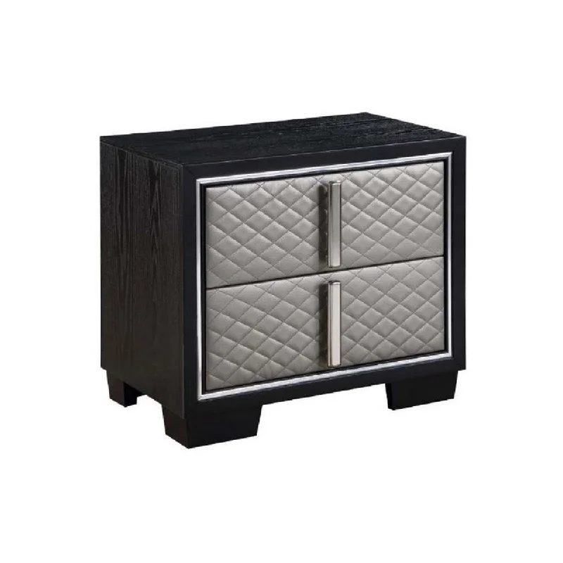 Fiz 28 Inch Modern Nightstand, Quilted Faux Leather Front, Silver, Black