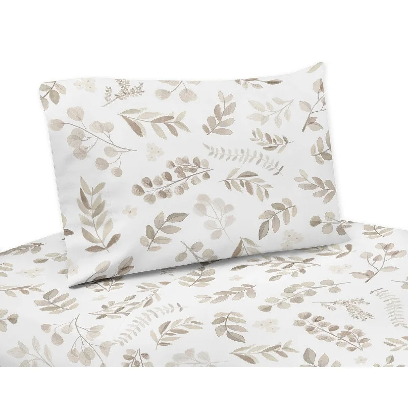 Floral Leaf 4pc Queen Sheet Set - Ivory Cream Beige Taupe and White Gender Neutral Boho Watercolor Botanical Flower Woodland