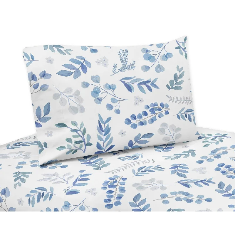 Floral Leaf Collection 4-piece Queen Sheet Set - Blue Grey and White Boho Watercolor Botanical Flower Woodland Tropical Garden