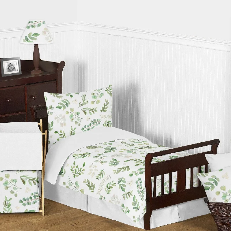 Floral Leaf Collection Girl 5-piece Toddler-size Comforter Set - Green White Boho Watercolor Botanical Woodland Tropical Garden