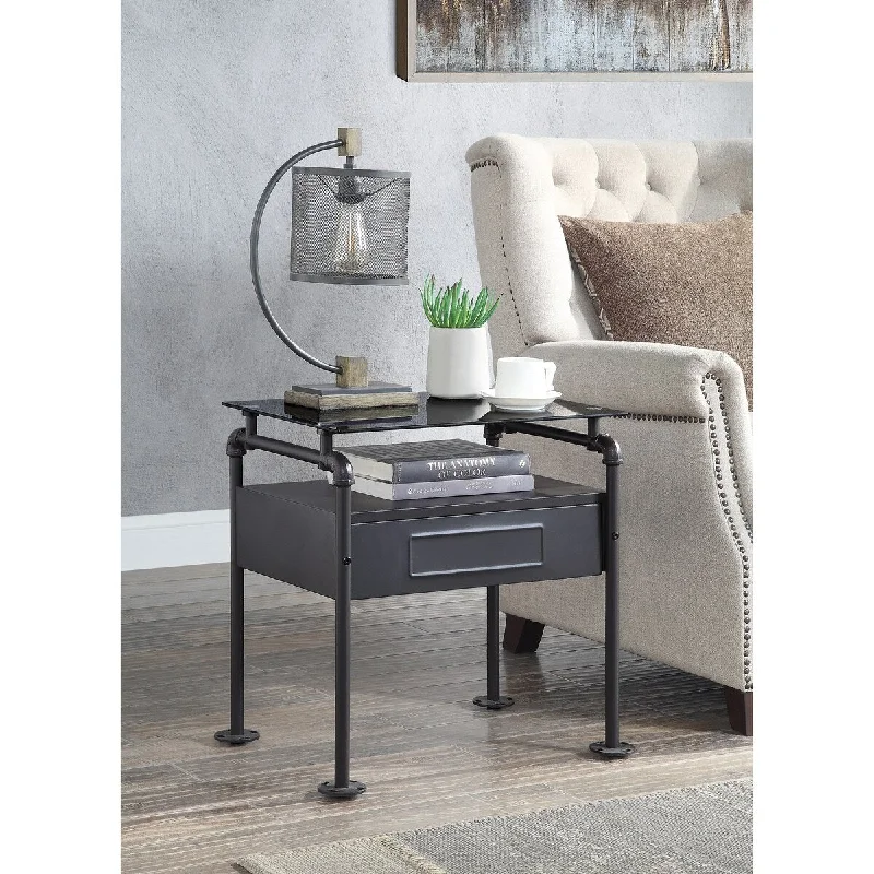 Glass & Sandy Gray Industrial Nightstand with Metal Frame - Tempered Glass Top - and Abundant Storage