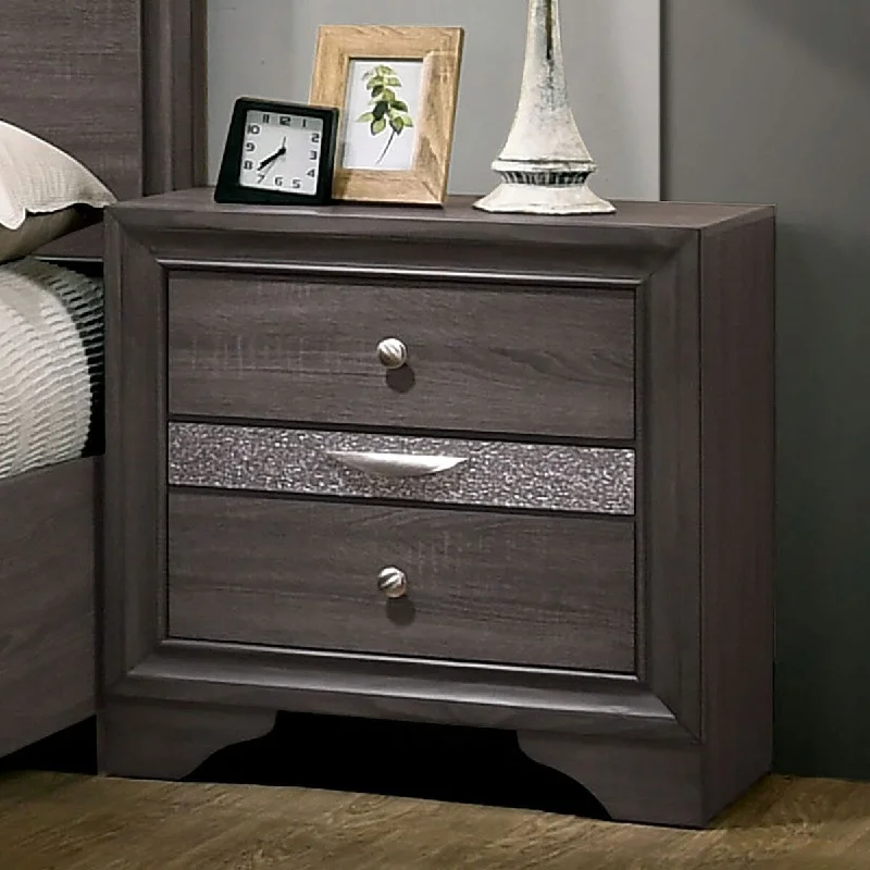 Gray Solid Wood Contemporary Nightstand with Jewelry Drawer, Silver Accents, and Round Knob