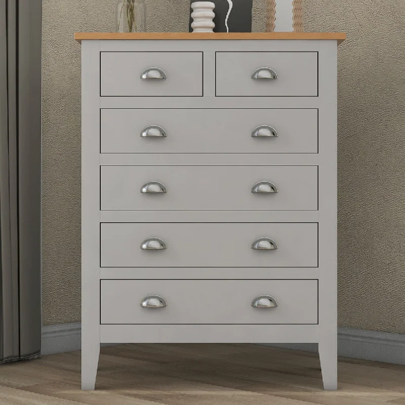 Grey Solid 6-Drawer Chest with Oak Top