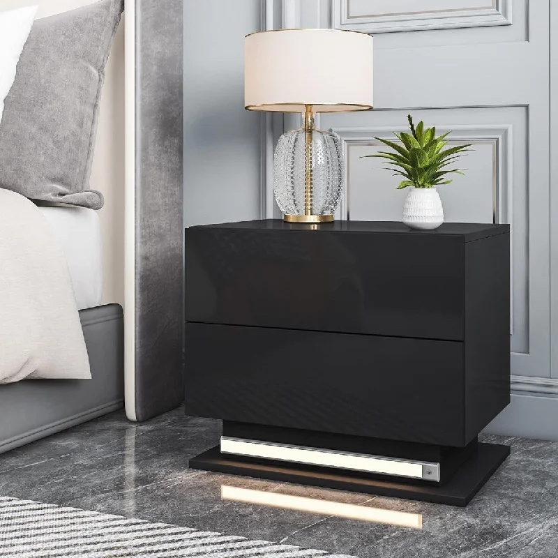 Hommpa Modern LED Nightstand with 2 Drawers and Motion Sensor Light Black