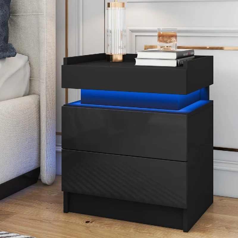 Hommpa Modern LED Nightstand with 2 Drawers and RGB LED Backlight Black