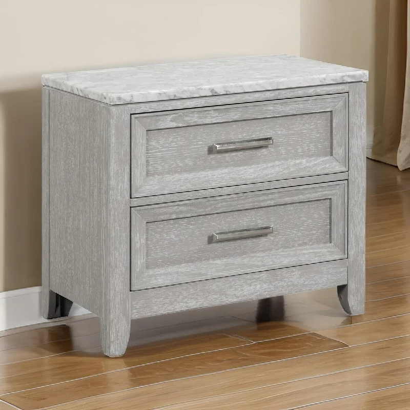 Ion 30 Inch Nightstand, 2 Drawers, White Marble Top, Farmhouse Gray Wood