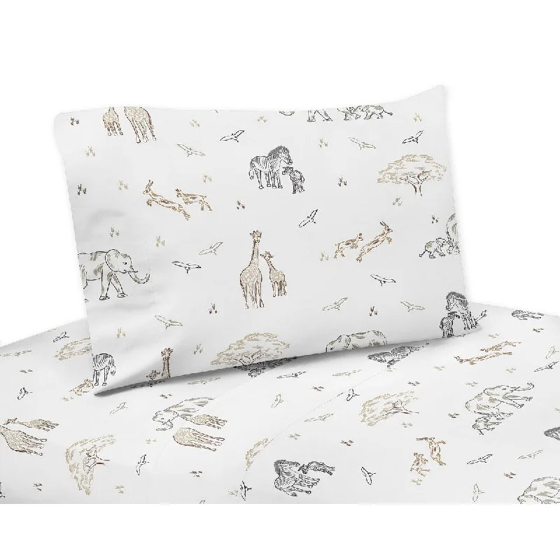 Jungle Safari Animals Queen Sheet Set Taupe Black and White Gender Neutral Elephant Giraffe Wildlife Adventure Zebra Serengeti