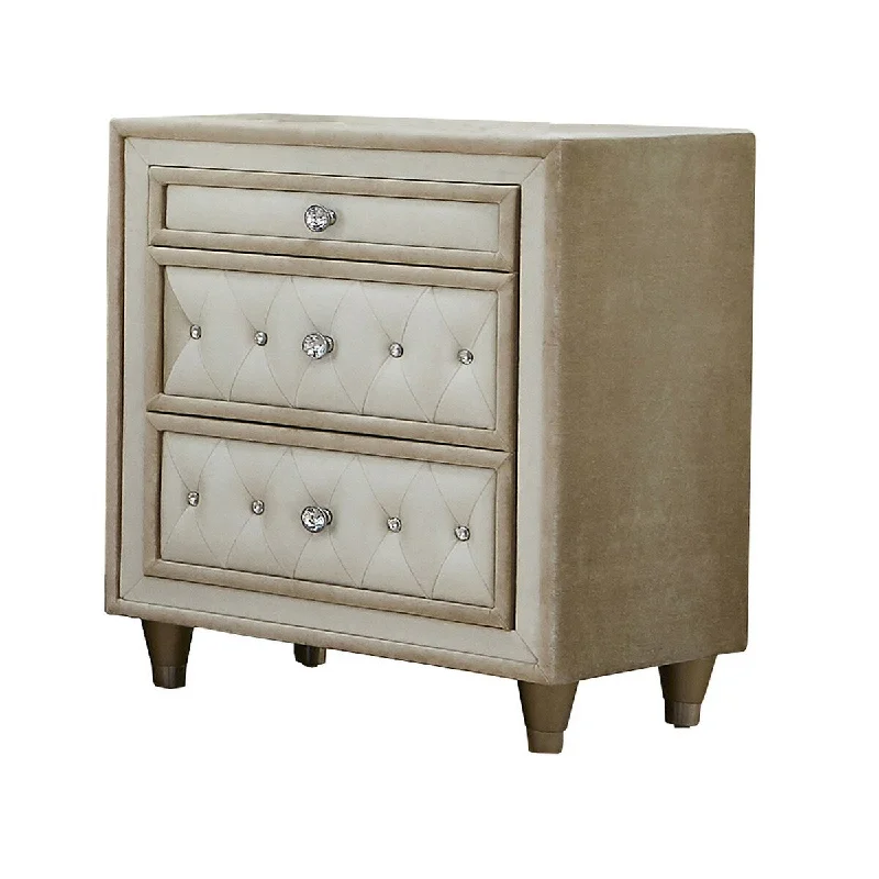 Matt 30 Inch Modern Nightstand, 3 Drawers, Velvet Tufted, Ivory Light Brown