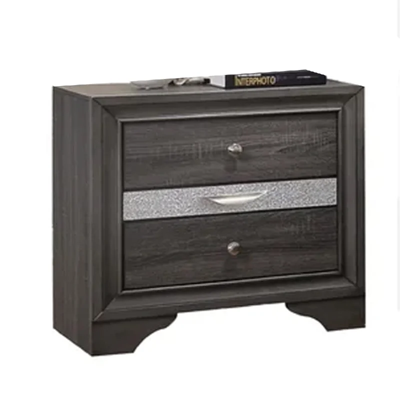 Mei 26 Inch 3 Drawer Nightstand, Glitter Accent Front, Metal Handles, Gray