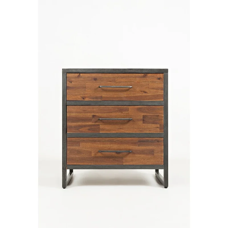 Metal Frame Wooden Nightstand with Three Drawers, Brown and Black