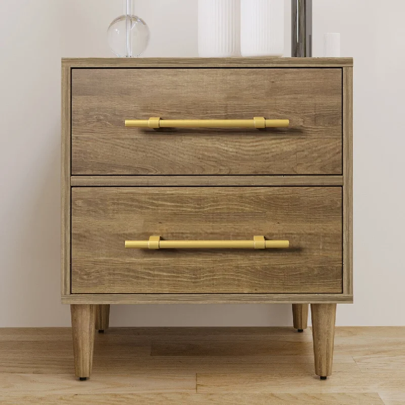 Mid-Century Modern Nightstand With Golden Handles, Two-Drawer, Natural Walnut, Solid, Tapered Wood Legs