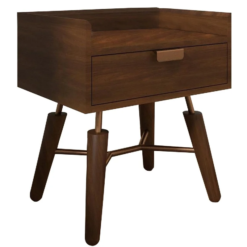 Mid Century Nightstand with One Drawer and Metal Pull, Brown