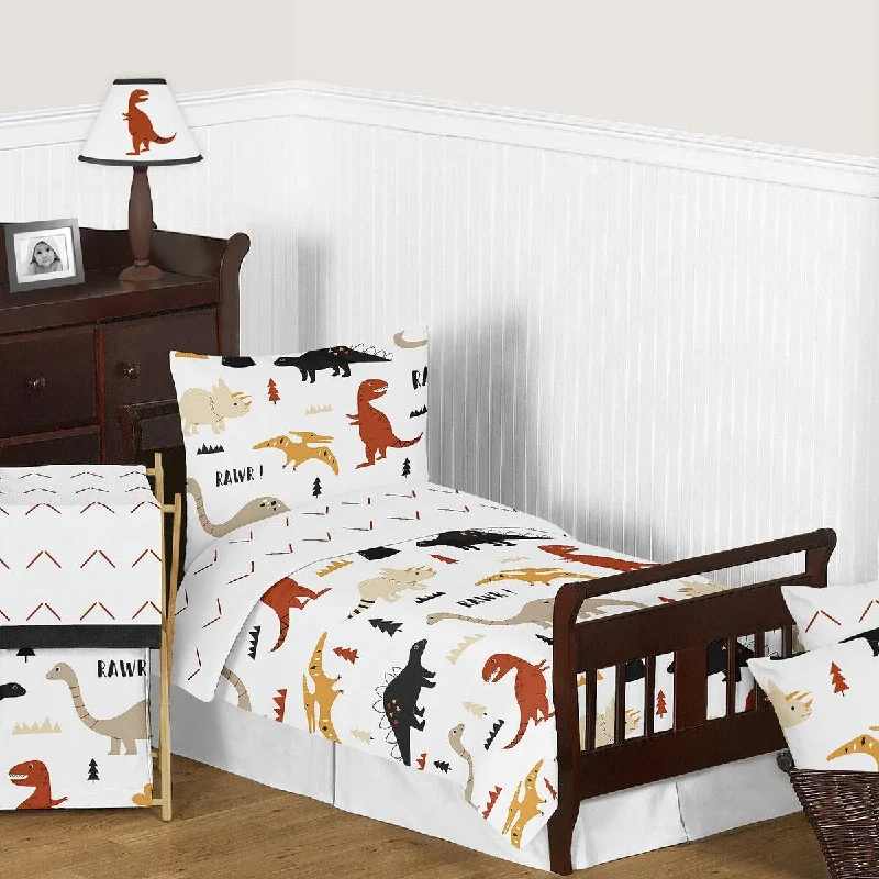 Mod Dino Boy Girl 5pc Toddler Comforter Set - Orange Tan Rust Taupe Mustard Yellow Beige Brown Black Modern Dinosaur Boho Arrow