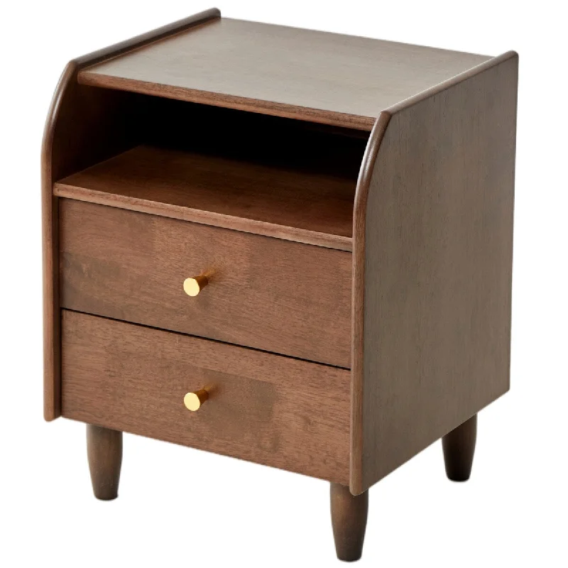 Modern 2-drawer Solid Wood Nightstand with Storage Compartment and Legs, Copper knob pulls, Compact Size