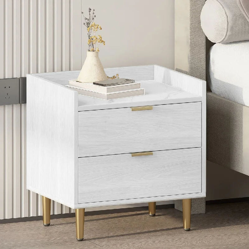 Modern White Wooden Nightstand with 2 Drawers and Marble Top