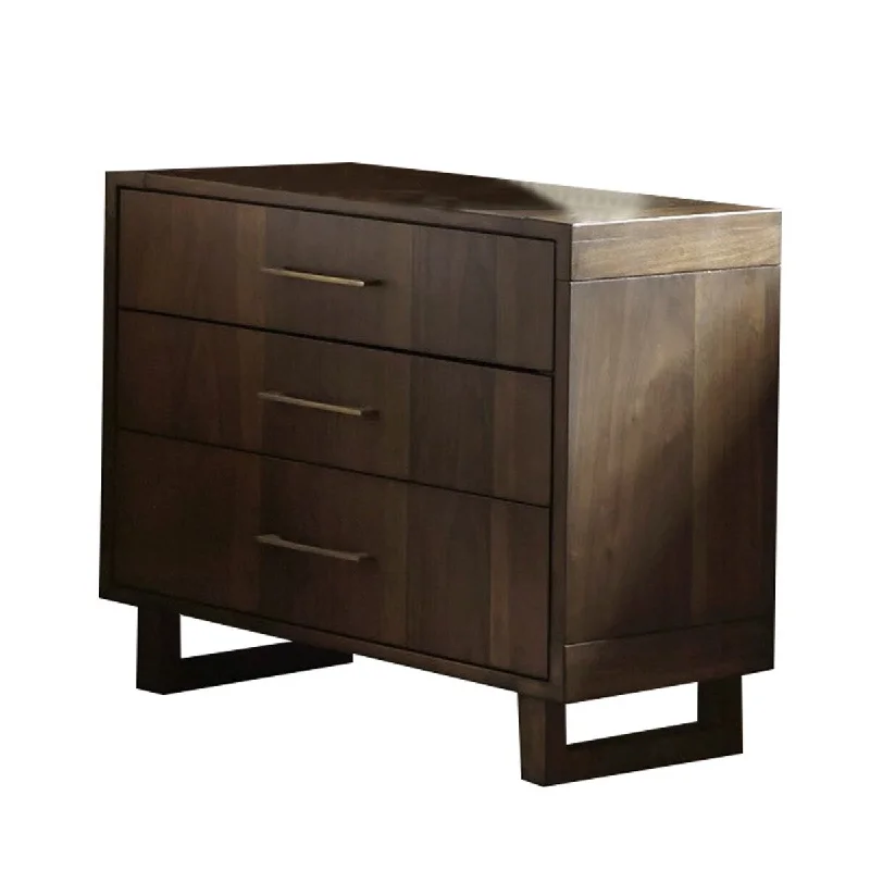 Modern Wooden Nightstand with 3 Drawers and Sled Base, Walnut Brown