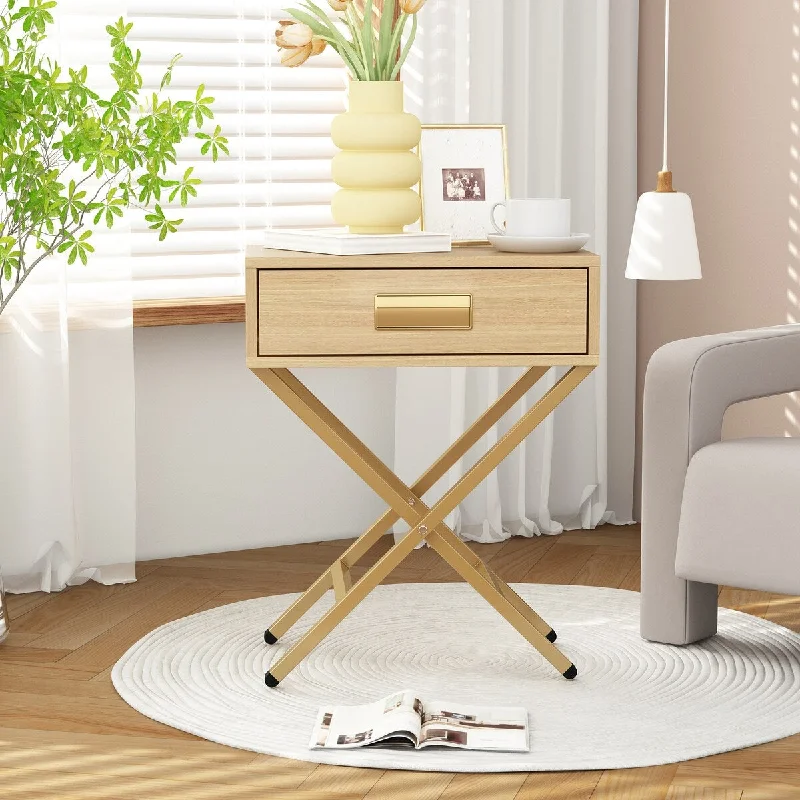 Modern Yellow Wood Nightstand with Drawer and X-Shaped Legs