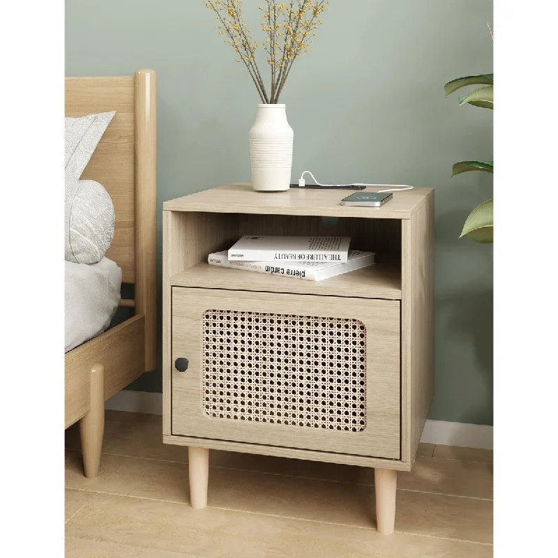 Natural Rattan Nightstand with Charging Station