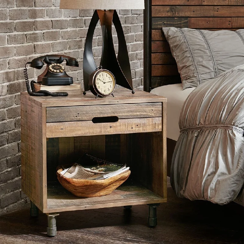 Natural Solid Wood Nightstand with One Open Shelf and One Storage Drawer