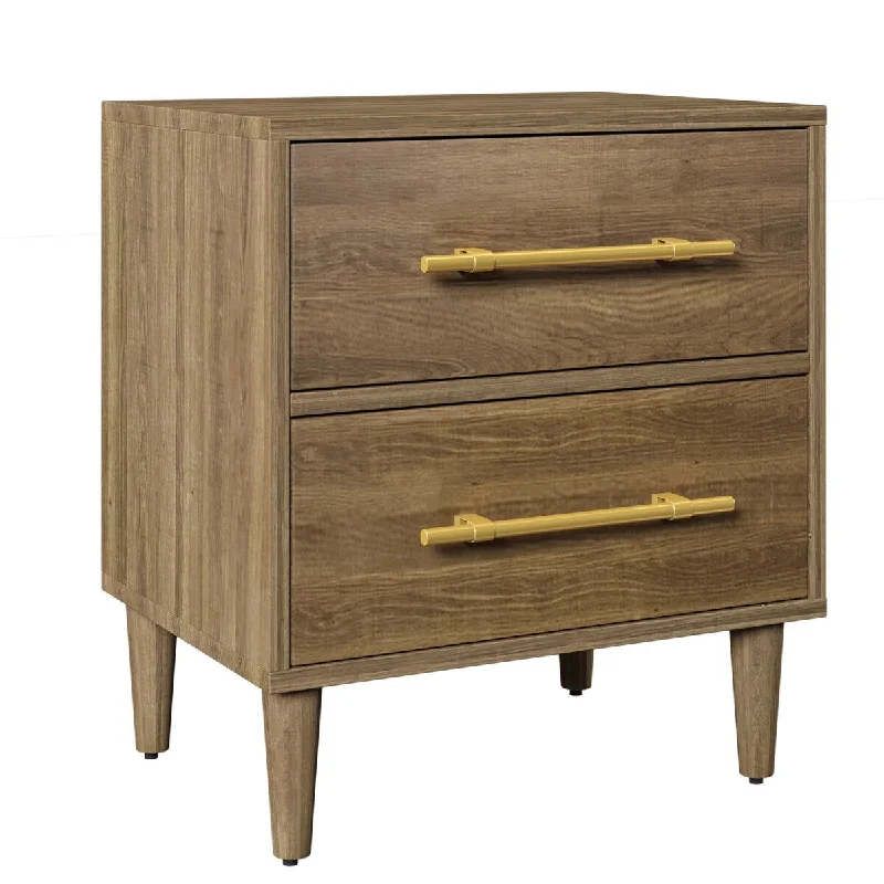 Nico 25 Inch Modern Nightstand with 2 Drawers, Gold Metal Handles, Brown