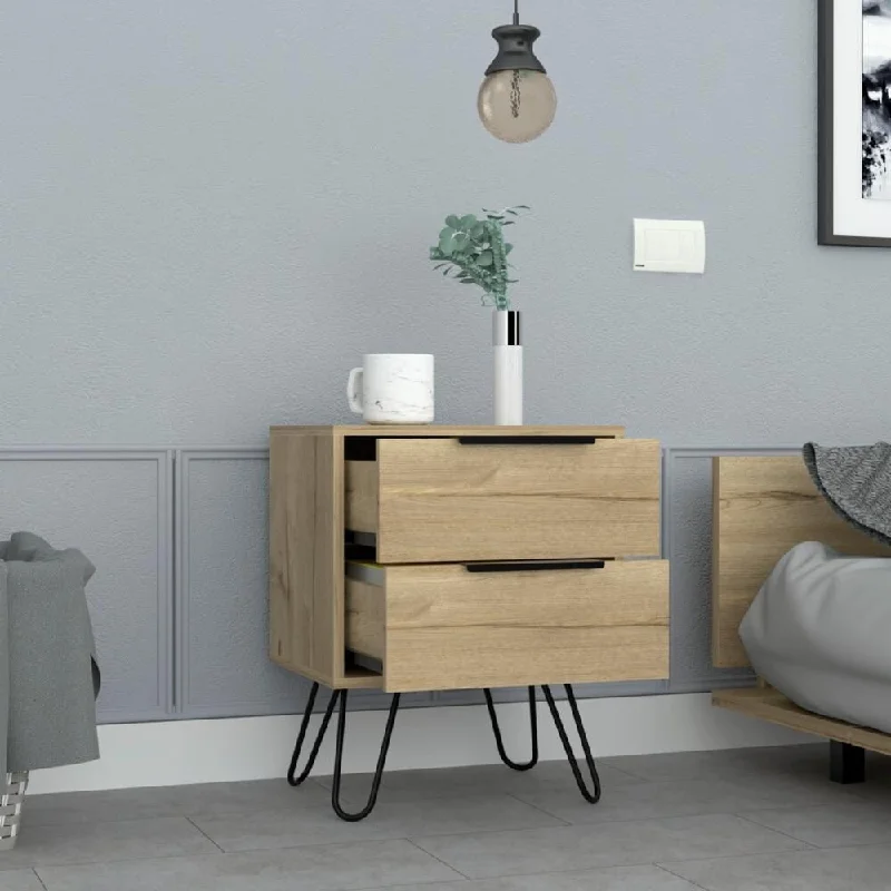 Nightstand, Hairpin Legs, Two Drawers, Light Oak