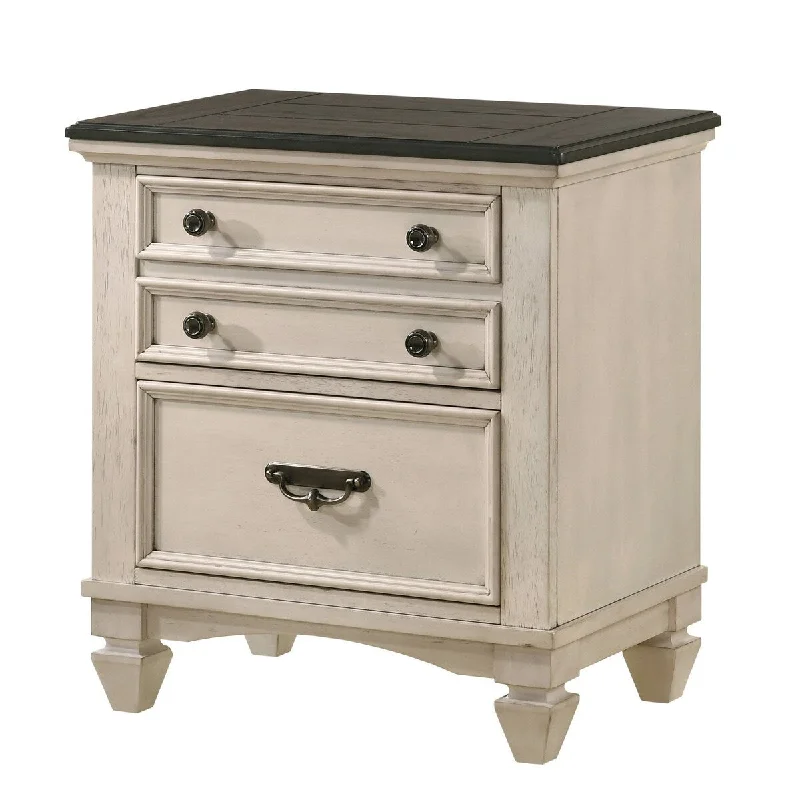 Nightstand with 2 Drawers and Cottage Style, White and Brown