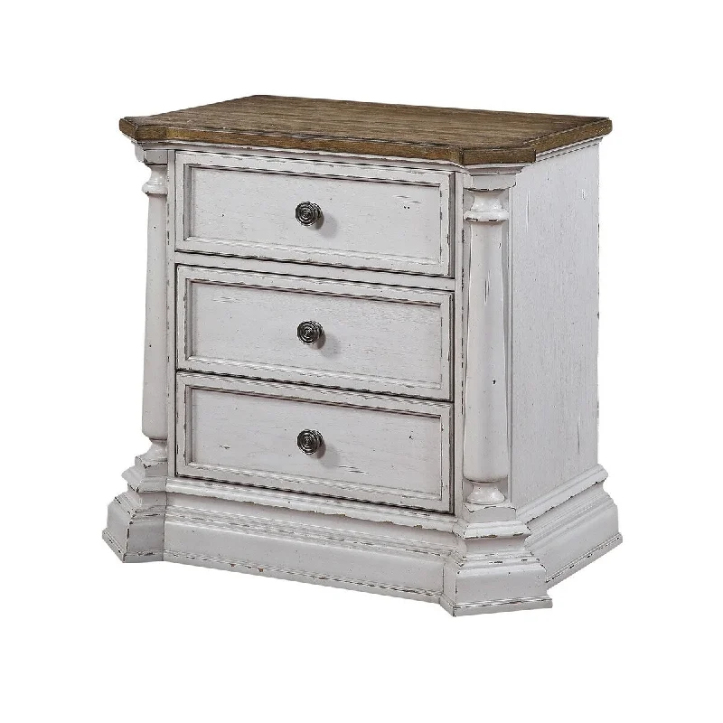 Nightstand with 3 Drawer and Molded Plinth Base, White and Brown