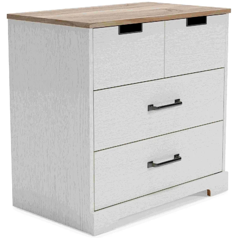 Nightstand with 3 Drawers and Cut Out Pulls, Brown and White