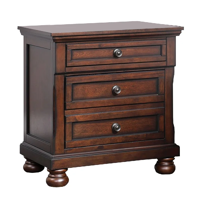 Nightstand with 3 Drawers and USB Port, Dark Cherry Brown