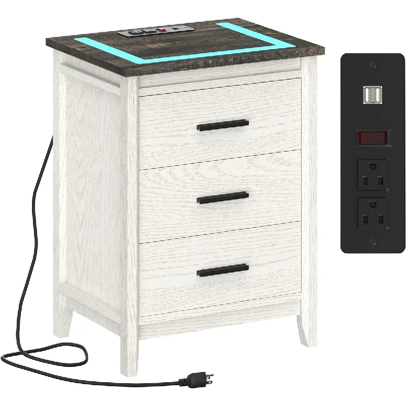 Nightstand with LED Lights and Charging Station Wood 13.8"D x 17.7"W x 23.6"H