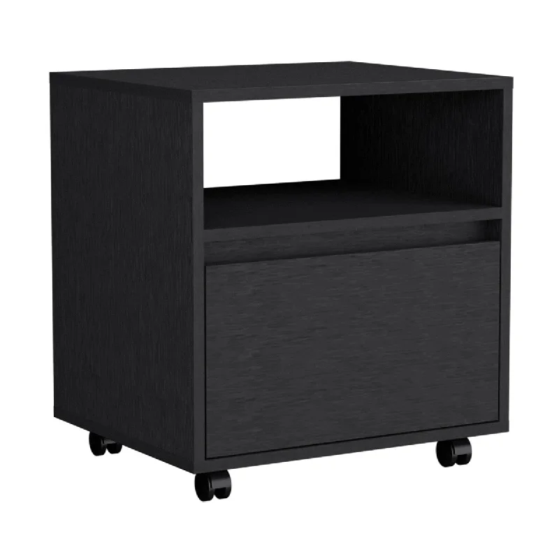 Nightstand with One Open Shelf, 1 Drawer and Casters, Black