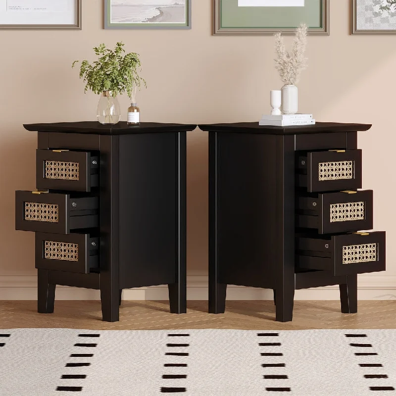 Nightstands Set of 2 with Rattan-Woven Surfaces with Storage