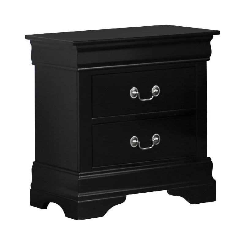 Nim 24 Inch Classic 2 Drawer Nightstand, Nickel Ring Handles, Jet Black