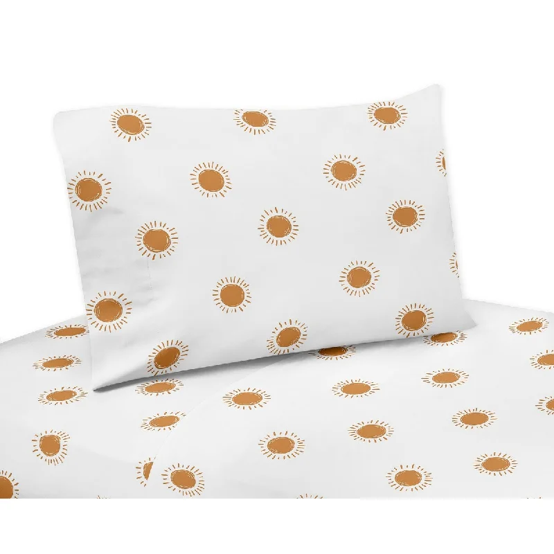 Orange and White Boho Sun 3pc Twin Sheet Set Pumpkin Orange Retro Bohemian Celestial Desert Sunshine Minimalist Gender Neutral