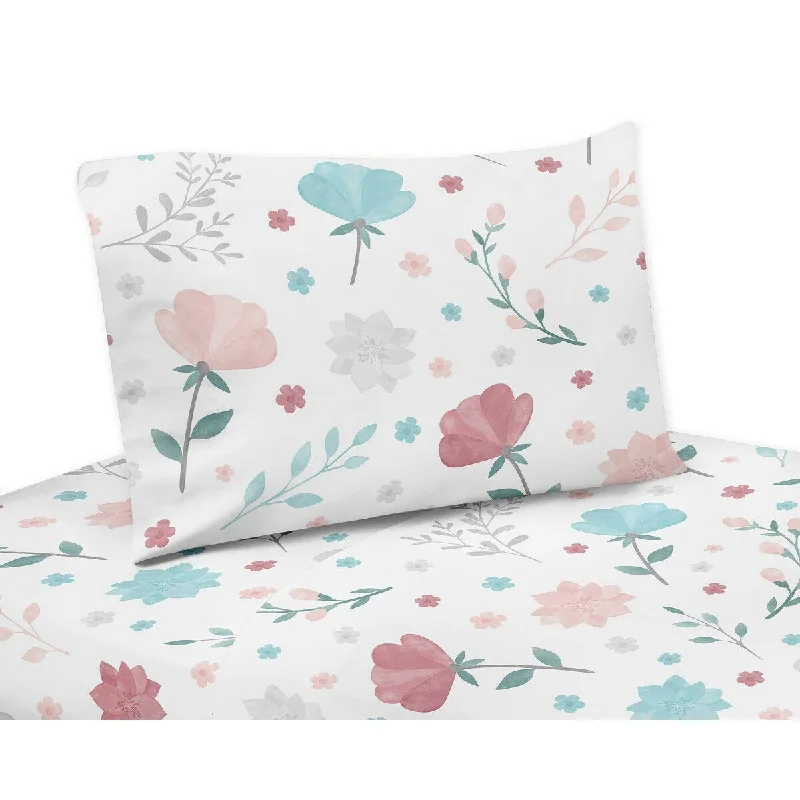 Pop Floral Rose Flowers 4pc Queen Sheet Set - Blush Pink Teal Turquoise Aqua Blue Grey Flower Boho Shabby Chic Modern Watercolor