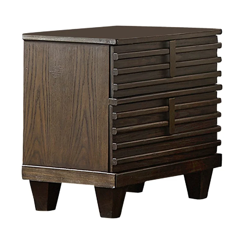 Raised Slatted Front 2 Drawer Nightstand with Tapered Feet, Brown