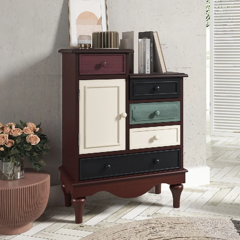 Retro Matching Color Functional 5-drawer Nightstand with 1 Door Cabinet